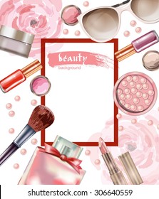 Cosmetics  and fashion background  with    make up artist objects: lipstick, eye shadows, mascara ,eyeliner,  nail polish. Vector illustration.