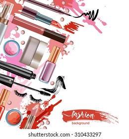 Cosmetics  and fashion background  with    make up artist objects: lipstick, eye shadows, mascara ,eyeliner,  nail polish. Vector illustration.