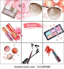 Cosmetics  and fashion background  with    make up artist objects: lipstick, eye shadows, mascara ,eyeliner,  nail polish, sunglasses. Vector illustration.
