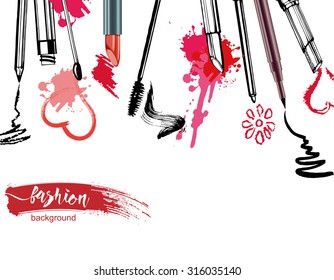 Cosmetics  and fashion background  with    make up artist objects: lipstick, mascara ,eyeliner,  lip liner. With place for your text .Template Vector.