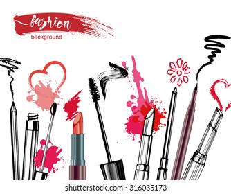 Cosmetics  and fashion background  with    make up artist objects: lipstick, mascara ,eyeliner,  lip liner. With place for your text .Template Vector.