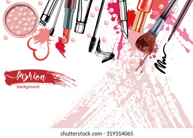 Cosmetics and fashion background with make up artist objects: lipstick, mascara ,eyeliner, nail polish, perfume. With place for your text .Template Vector.