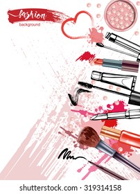 Cosmetics and fashion background with make up artist objects: lipstick, mascara ,eyeliner, nail polish, perfume. With place for your text .Template Vector.