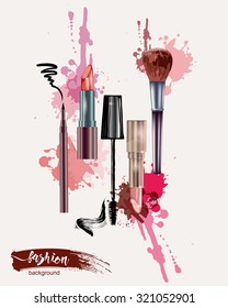 Cosmetics and fashion background with make up artist objects: lipstick, mascara eyeliner.  With place for your text. Template Vector.