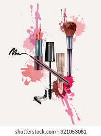 Cosmetics and fashion background with make up artist objects: lipstick, mascara eyeliner.  With place for your text .Template Vector.