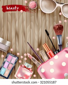 Cosmetics  and fashion background with make up artist objects: lipstick, eye shadows, sunglasses, mascara, eyeliner,  nail polish on wood desk. With place for your text .Template Vector.