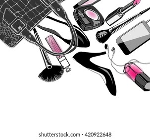 Cosmetics  and fashion background  with   make up artist objects: lipstick, nail polish, blush, lip gloss, black womens shoes. With place for your text .Template Vector.