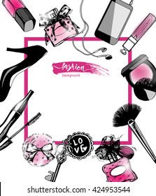 Cosmetics and fashion background with make up artist objects: women's black shoes, perfumes, nail Polish, keys with keychain, lip gloss, mascara, blush, powder brush, powder puff . Template Vector.
