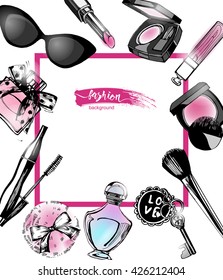 Cosmetics and fashion background with make up artist objects: women's black shoes, perfumes, nail Polish, keys with keychain, lip gloss, mascara, blush, powder brush, powder puff . Template Vector.