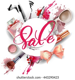 Cosmetics and fashion background with make up artist objects: women's black shoes, perfumes, nail Polish, keys with keychain, lip gloss, mascara, blush, powder brush, powder puff . Sale Concept.