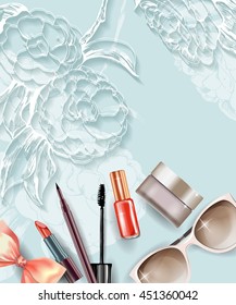Cosmetics and fashion background with make up artist objects: lipstick, cream, mascara eyeliner. With place for your text .Template Vector.