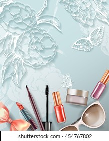 Cosmetics and fashion background with make up artist objects: lipstick, cream, mascara eyeliner. With place for your text .Template Vector.