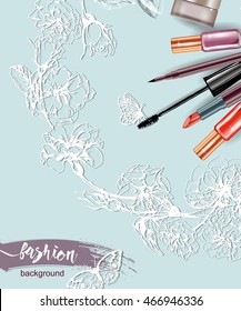 Cosmetics and fashion background with make up artist objects: lipstick, cream, mascara eyeliner. With place for your text .Template Vector.