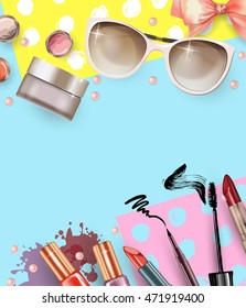 Cosmetics and fashion background with make up artist objects: lipstick, cream, brush. With place for your text .Template Vector.