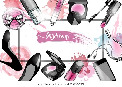 Cosmetics and fashion background with make up artist objects: women's black shoes, perfumes, nail Polish,  lip gloss, mascara, blush, powder brush, powder puff . Template Vector.