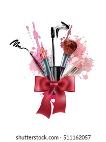 Cosmetics and fashion background with make up artist objects: lipstick, mascara eyeliner. With place for your text. Template Vector.