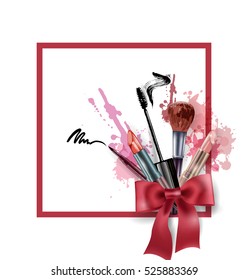 Cosmetics and fashion background with make up artist objects: lipstick, mascara eyeliner. With place for your text. Template Vector.