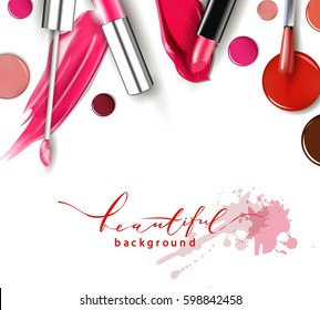 Cosmetics and fashion background with make up artist objects: lipstick, ip gloss, nail Polish. With place for your text .Template Vector.