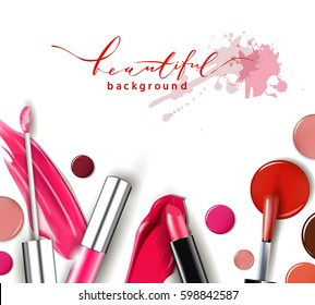 Cosmetics and fashion background with make up artist objects: lipstick, ip gloss, nail Polish. With place for your text .Template Vector.