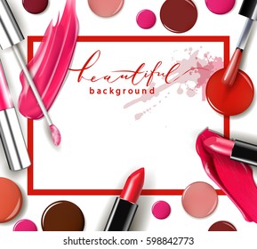 Cosmetics and fashion background with make up artist objects: lipstick, ip gloss, nail Polish. With place for your text .Template Vector.