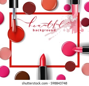 Cosmetics and fashion background with make up artist objects: lipstick, ip gloss, nail Polish. With place for your text .Template Vector.