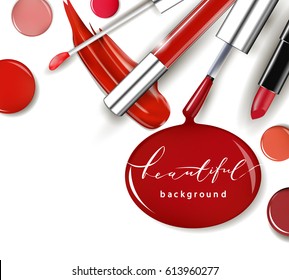 Cosmetics and fashion background with make up artist objects: lipstick, ip gloss, nail Polish. With place for your text .Template Vector.