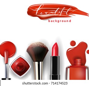 Cosmetics and fashion background with make up artist objects: lipstick, nail Polish. With place for your text .Template Vector.