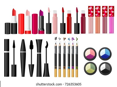 Cosmetics and fashion background with make up artist objects: lipstick, cream, brush. Template Vector. Web site page and mobile app design element.