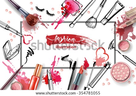 Cosmetics and fashion background with make up artist objects: lipstick, cream, brush.  With place for your text .Template Vector. Foto stock © 