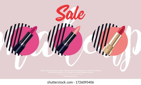 Cosmetics and fashion background with make up lipstick. Make up template with place for your text. Vector.