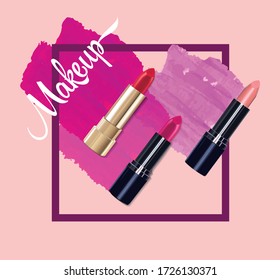 Cosméticos y fondo de moda con lápiz labial de maquillaje. Crear una plantilla con un lugar para el texto. Vector.