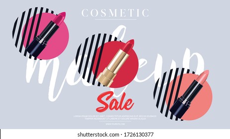 Cosmetics and fashion background with make up lipstick. Make up template with place for your text. Vector.