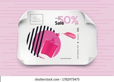 Cosmetics and fashion background with nail polish. Make-up sale banner template with place for your text. Vector cosmetics voucher, flyer, banner or web-site header design.