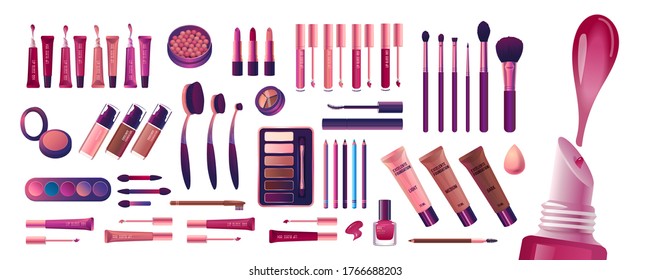 Cosmetics and fashion big set with make up artist objects lipstick, cream, brush, eye shadow. Colorful realistic make up kit. Realisic Vector Illustration.