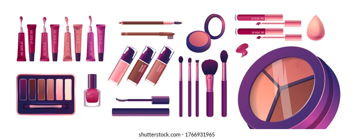 Cosmetics and fashion big set with make up artist objects: lipstick, cream, brush, eye shadow. Colorful realistic make up kit. Realisic Vector Illustration.