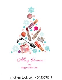 Cosmetics and fashion, Christmas And New Year background with  a Christmas tree made objects cosmetics. Template Vector.