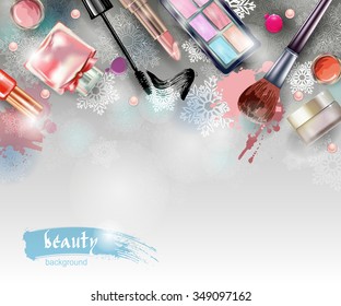 Cosmetics and fashion, Christmas And New Year background with make up artist objects: lipstick, mascara eyeliner, nail polish, perfume. With place for your text .Template Vector.