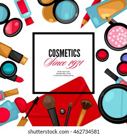 Cosmetics and fashion make up objects: mirror, lipstick, cream, case, brush. Vector Illustration.