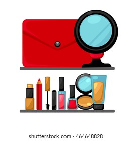 Cosméticos e moda compõem objetos espelho, batom e creme, caso, escova. Ilustração de vetor.
