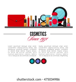 Cosmetics and fashion make up objects mirror, lipstick and cream, case, brush. Vector Illustration.