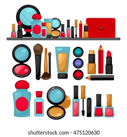 Cosmetics and fashion make up objects: mirror, lipstick, cream, case, brush. Vector Illustration. - Shutterstock ID 475120630