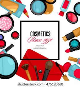 Cosmetics and fashion make up objects: mirror, lipstick, cream, case, brush. Vector Illustration.