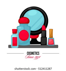 Cosmetics and fashion make up objects mirror, lipstick andcream, case, brush. Vector Illustration.