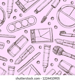 Cosmetics and fashion seamless pattern with make up artist objects: lipstick, eye shadows, mascara ,eyeliner, concealer, nail polish. Hand drawn vector illustrations