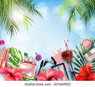 Cosmetics, fashion and  Summer  background  with   make up artist objects: lipstick, nail polish, mascara eyeliner  and perfume. With place for your text .Template Vector.