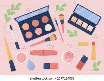 Cosmetics flat color vector illustration. Makeup products. Eyeshadows with lipsticks and mascara. Skin care and beauty. Top view 2D cartoon illustration with desktop on background collection