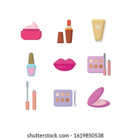 cosmetics flat icon set with mascar, powder, lipstick, nail polish, lips icons