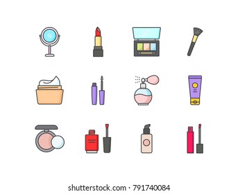 Cosmetics flat line colored icons set with makeup mirror, lipstick, eyeshadow, brush, cream jar, mascara, perfumery, powder, nail polish, foundation.