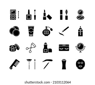 Juego de iconos de línea plana de cosméticos. Contiene signos como crema, lápiz labial, perfume, rímel, broche de maquillaje y más. Simple ilustración vectorial plana para sitio web o aplicación móvil.