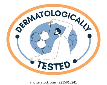 Cosmetics or formula tested by a dermatologist in laboratory. Proven ingredients and elements for lotions or liquids. Emblem or logotype, sticker for package of product. Vector in flat style